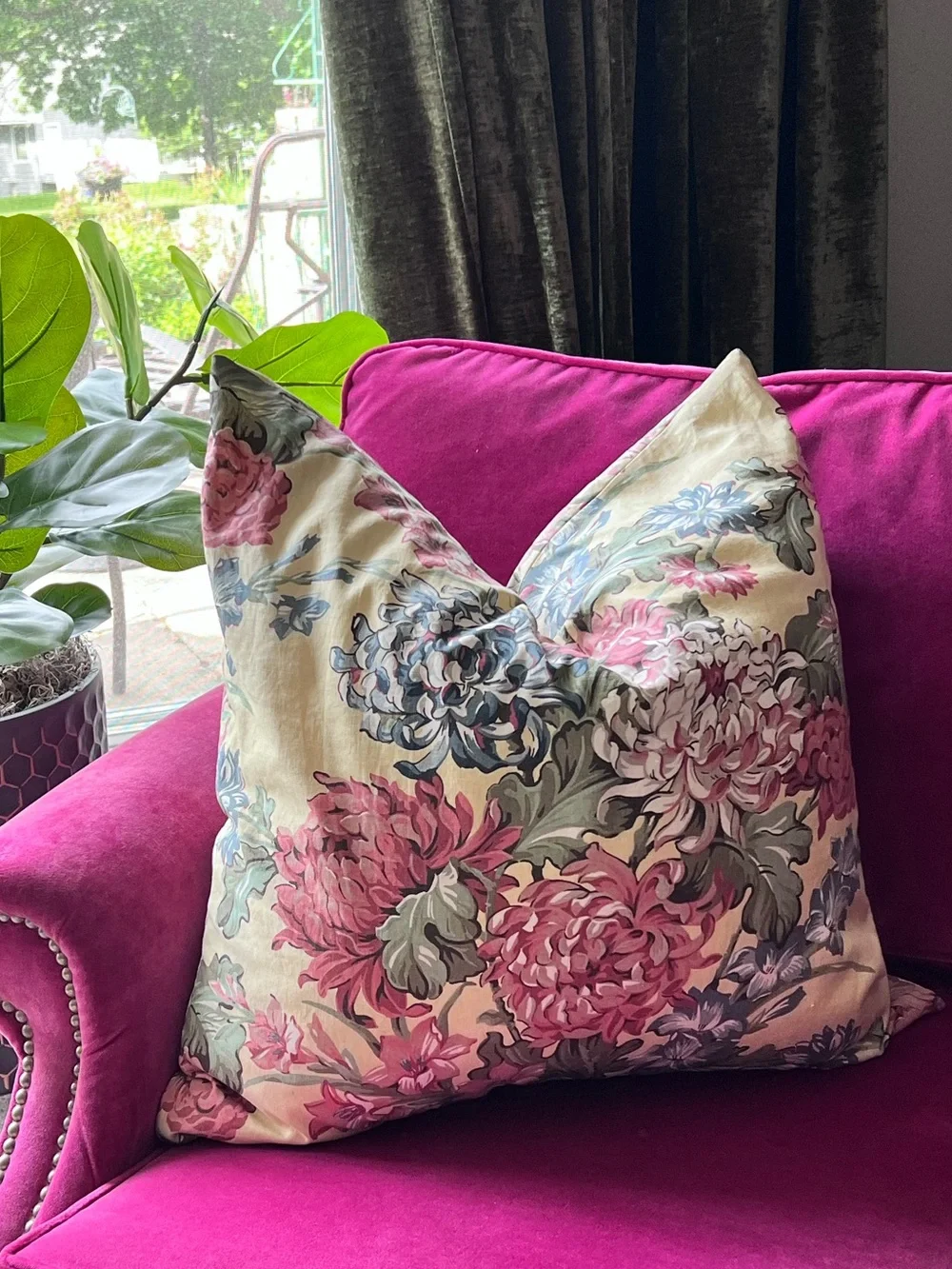 Pottery Barn Floral Euro Pillow Cover LINEN COTTON 24” x 24” blue pink yellow